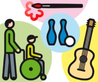 Es sind 4 verschiedene Sachen im Bild zu sehen: Links schiebt eine Person eine andere Person im Rollstuhl. Oben ist ein Pinsel zu sehen, der eine Blume malt.  In der Mitte sind zwei Kegel mit einer Kugel und rechts im Bild ist eine Gitarre zu sehen.