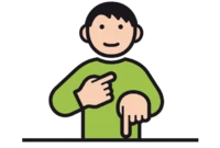 Eine Person zeigt mit einem Finger auf sich und mit dem anderen Finger auf ihren Standpunkt. 