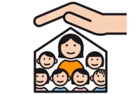 Der Umriss von einem Haus. Über dem Haus befindet sich eine schützende Hand. Im Haus sind 6 Kinder und Jugendliche um eine erwachsene Person.