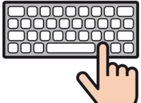 Eine Tastatur von einem Computer.  Eine Hand tippt auf eine Taste.